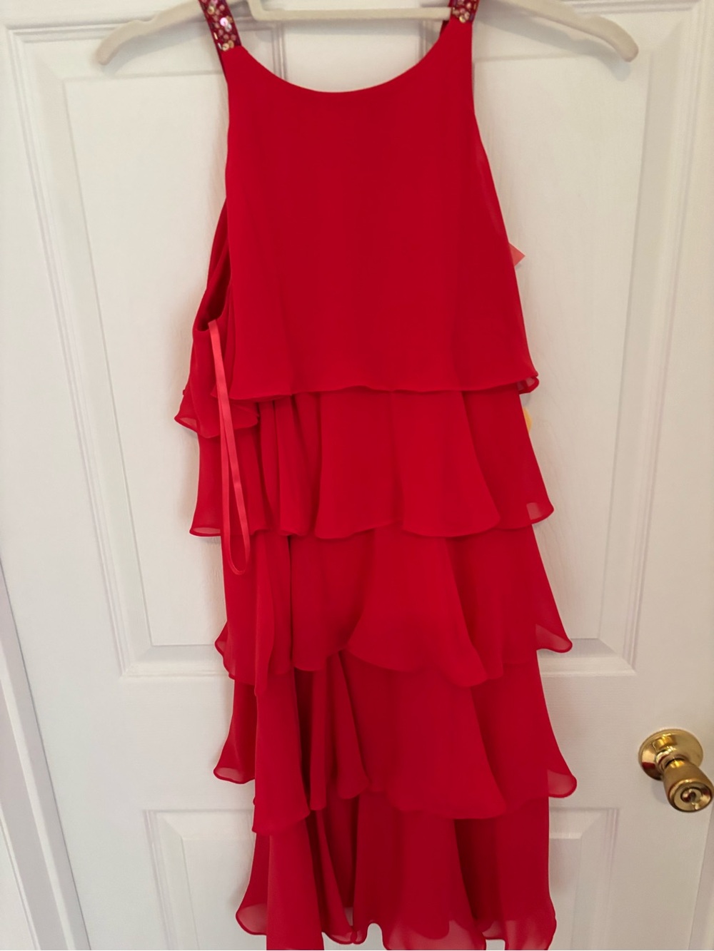 Red Tiered Ruffle Sleeveless Dress with Rhinestone Straps